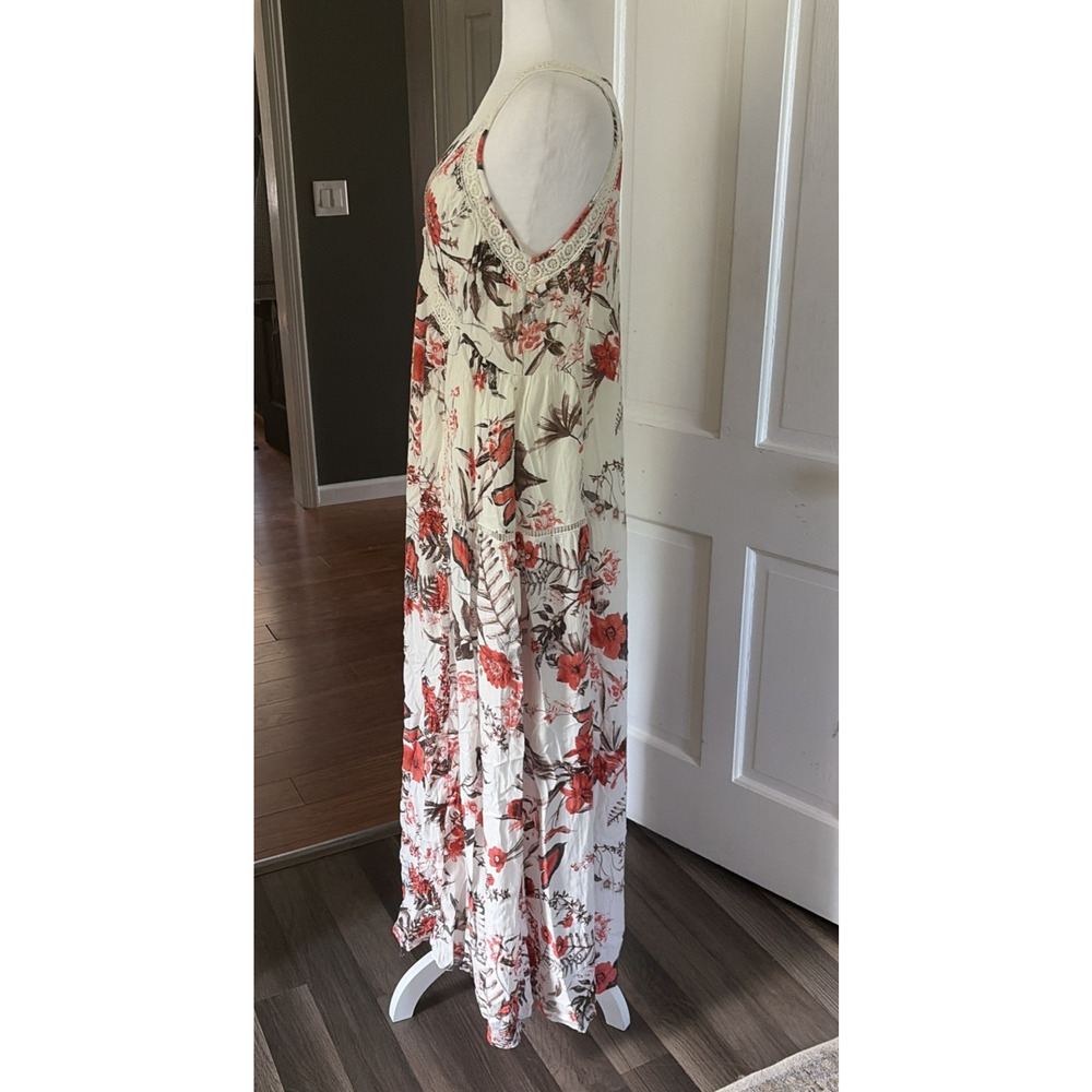 Womens Floral White/Orange Babydoll Maxi Dress S Crochet Cottagecore Hippie Boho - Picture 2 of 13